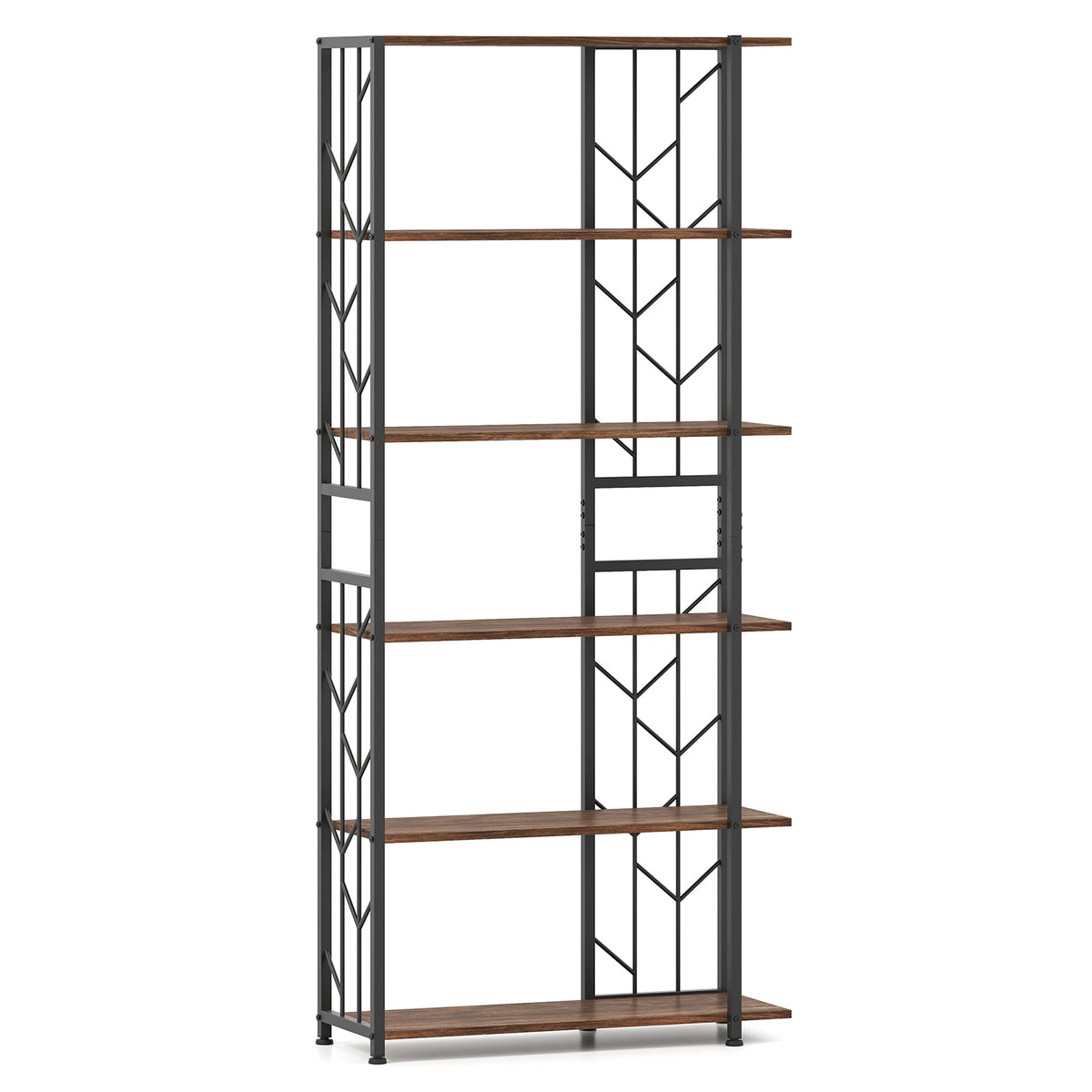 6-Tier Bookshelf Modern Geometric Bookcase with Heavy-duty Metal Frame and Anti-tipping Kits-Rustic Brown-Bookcases-DECOROLALA