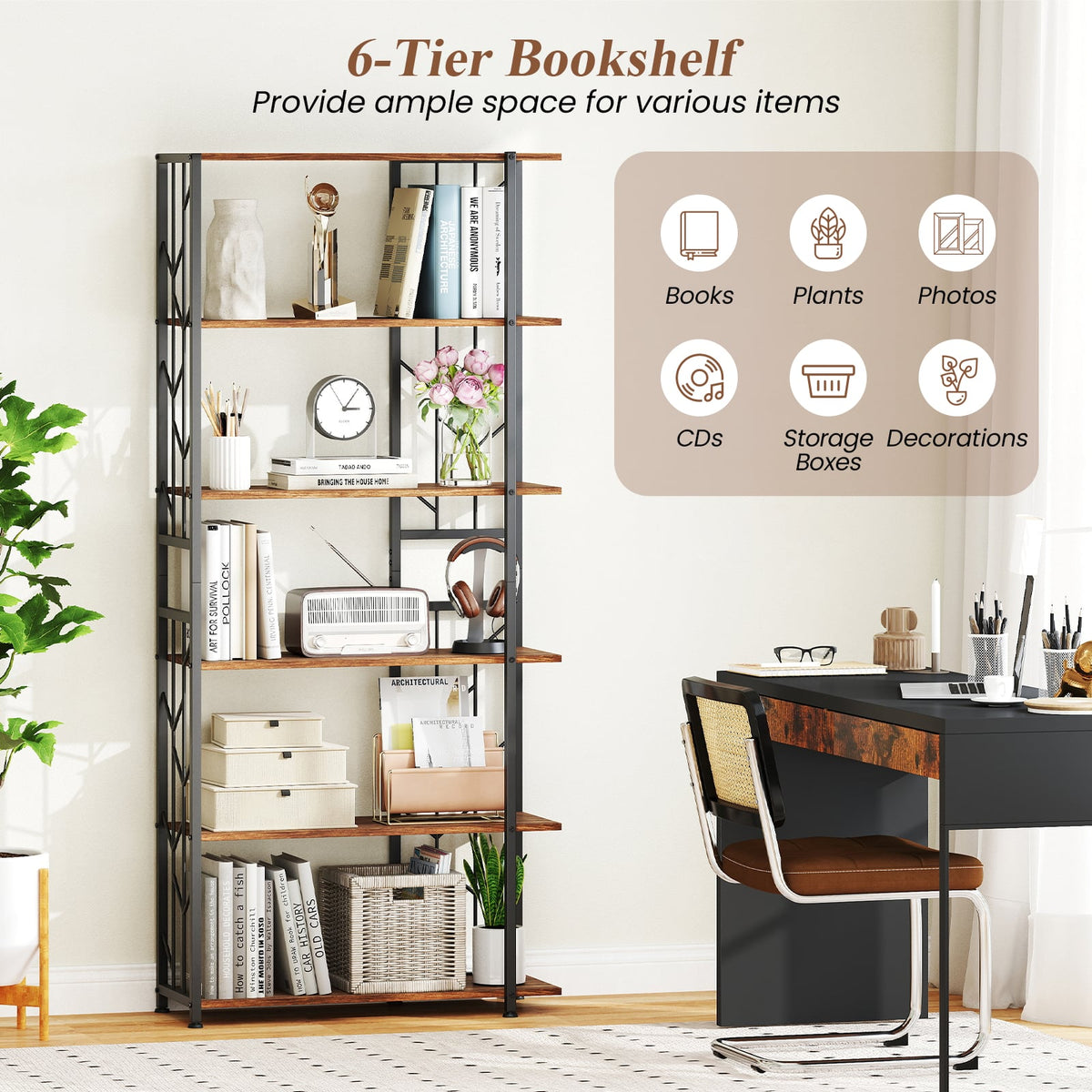 6-Tier Bookshelf Modern Geometric Bookcase with Heavy-duty Metal Frame and Anti-tipping Kits-Rustic Brown-Bookcases-DECOROLALA