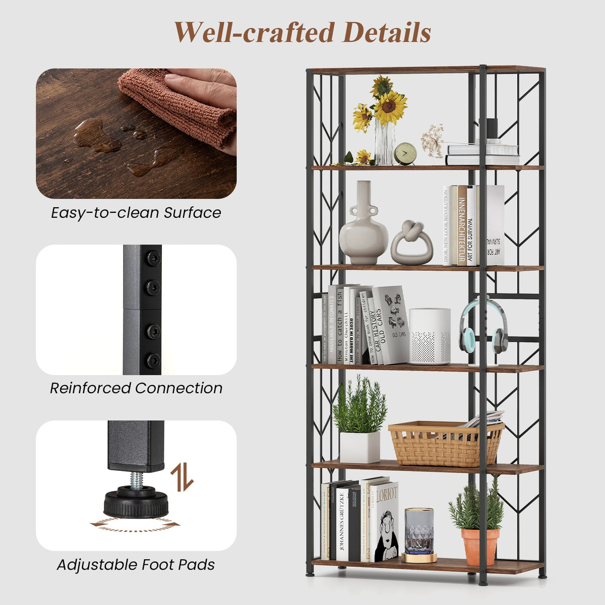6-Tier Bookshelf Modern Geometric Bookcase with Heavy-duty Metal Frame and Anti-tipping Kits-Rustic Brown-Bookcases-DECOROLALA