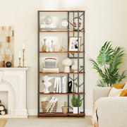 6-Tier Bookshelf Modern Geometric Bookcase with Heavy-duty Metal Frame and Anti-tipping Kits-Rustic Brown-Bookcases-DECOROLALA