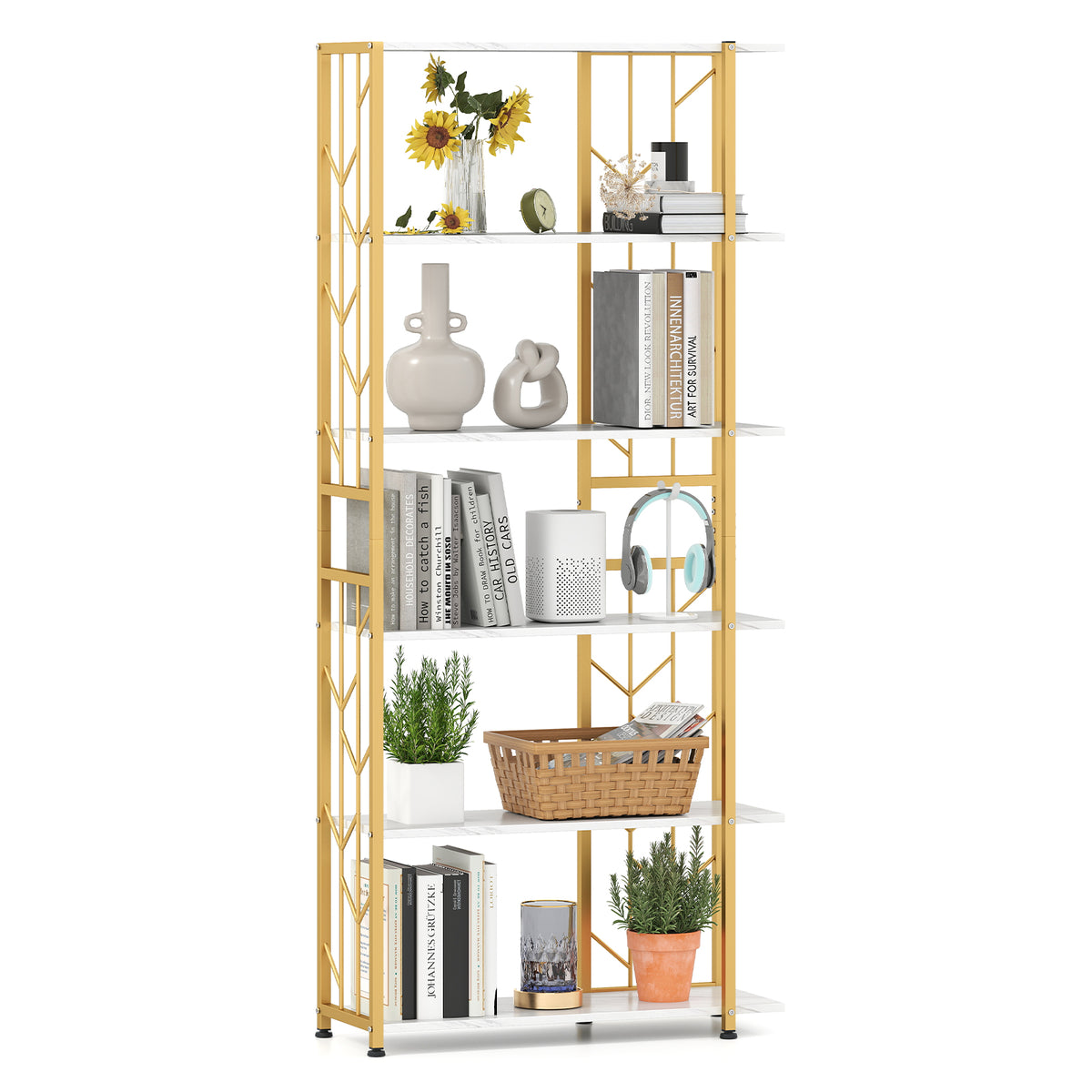 6-Tier Bookshelf Modern Geometric Bookcase with Heavy-duty Metal Frame and Anti-tipping Kits-White-Bookcases-DECOROLALA