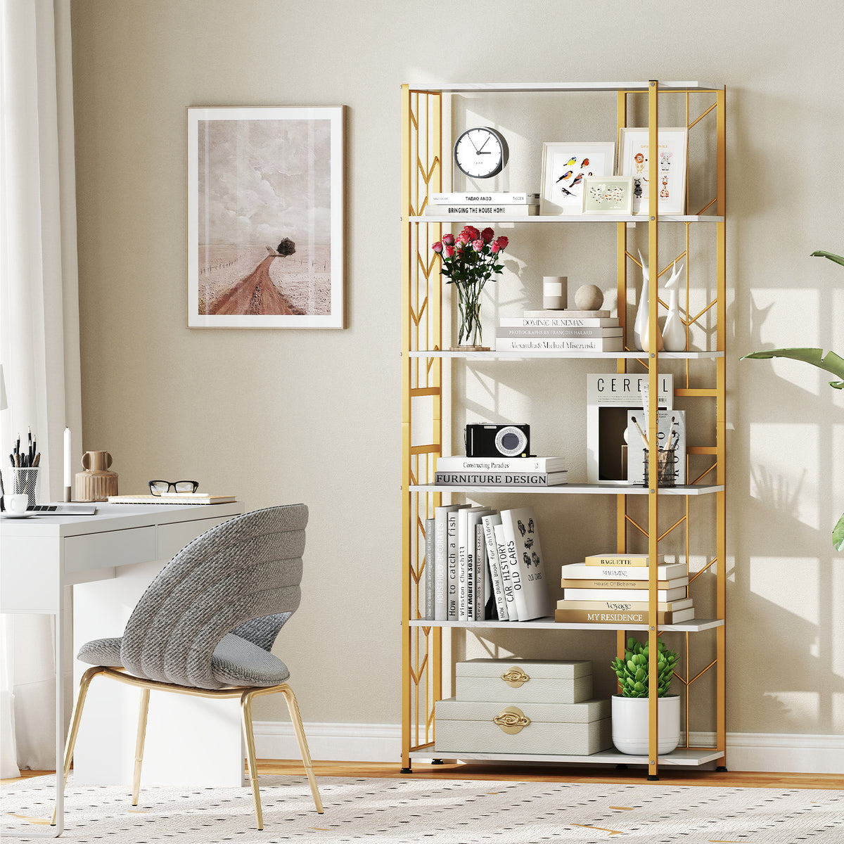 6-Tier Bookshelf Modern Geometric Bookcase with Heavy-duty Metal Frame and Anti-tipping Kits-White-Bookcases-DECOROLALA