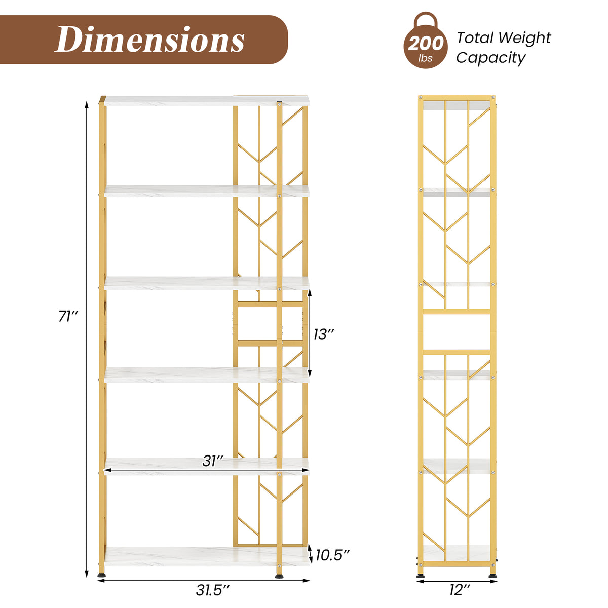 6-Tier Bookshelf Modern Geometric Bookcase with Heavy-duty Metal Frame and Anti-tipping Kits-White-Bookcases-DECOROLALA