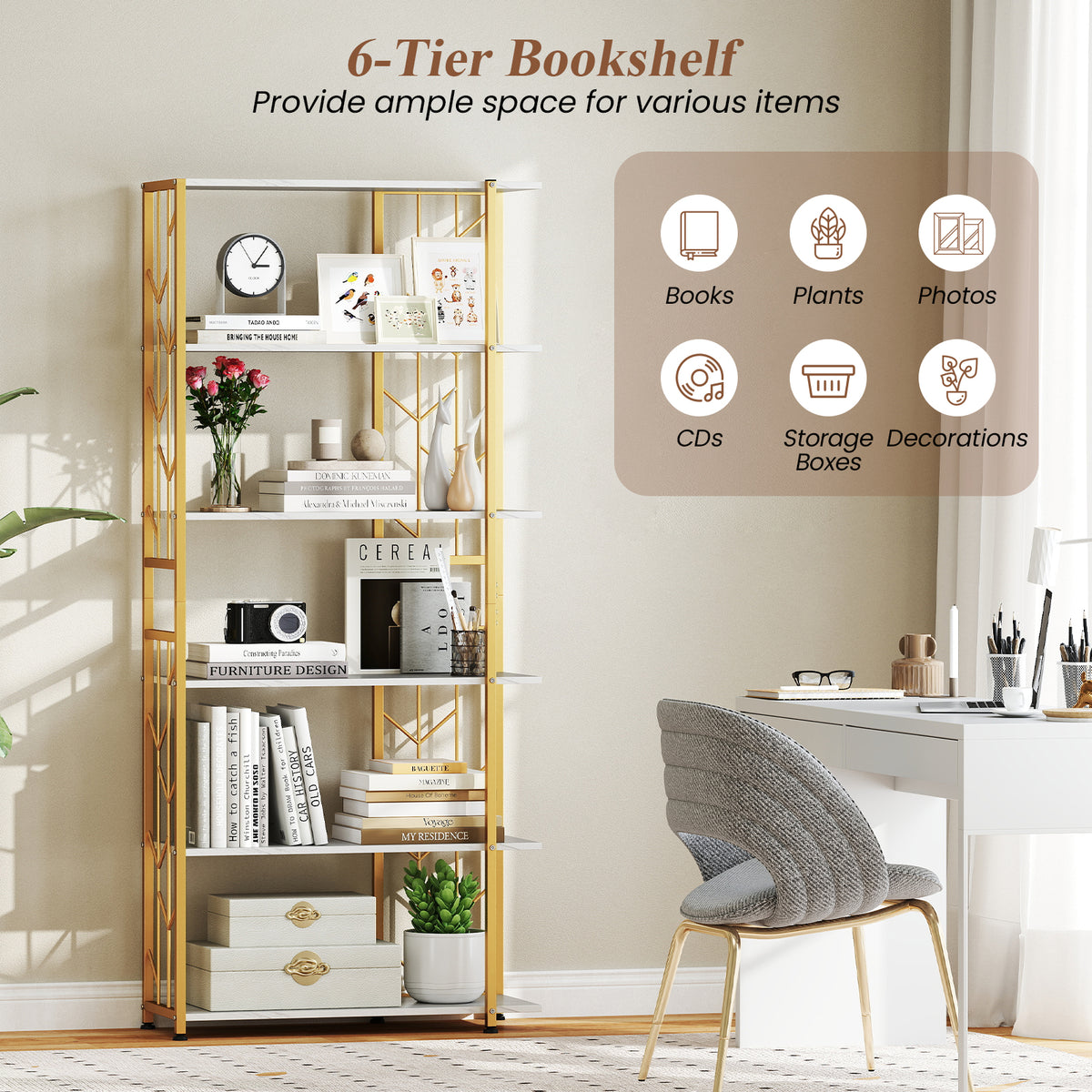 6-Tier Bookshelf Modern Geometric Bookcase with Heavy-duty Metal Frame and Anti-tipping Kits-White-Bookcases-DECOROLALA