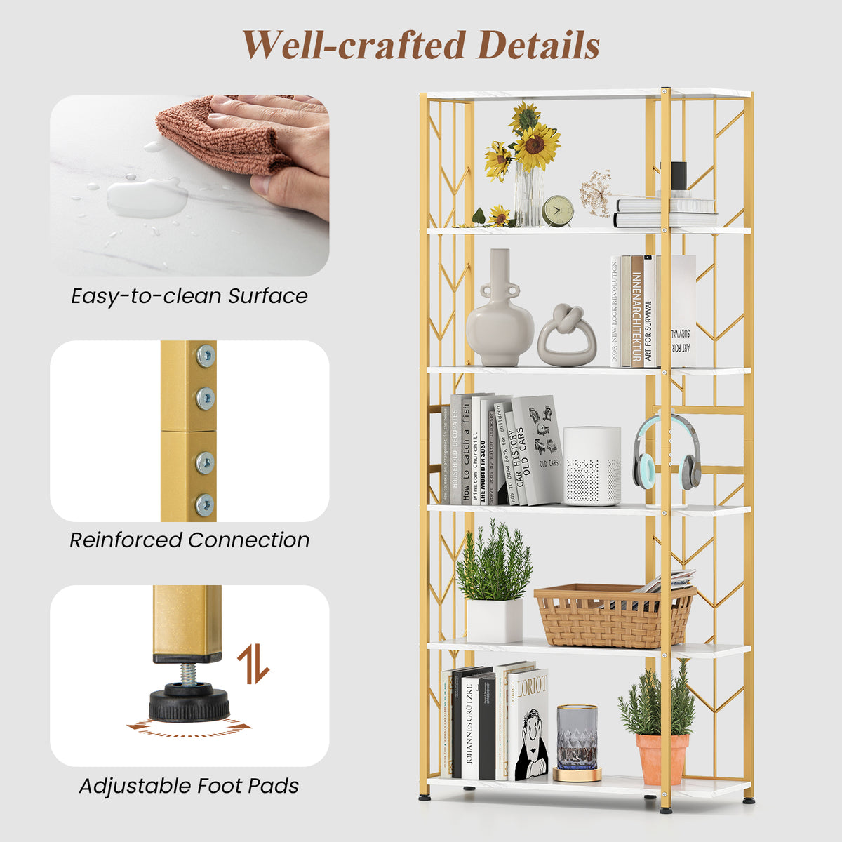 6-Tier Bookshelf Modern Geometric Bookcase with Heavy-duty Metal Frame and Anti-tipping Kits-White-Bookcases-DECOROLALA