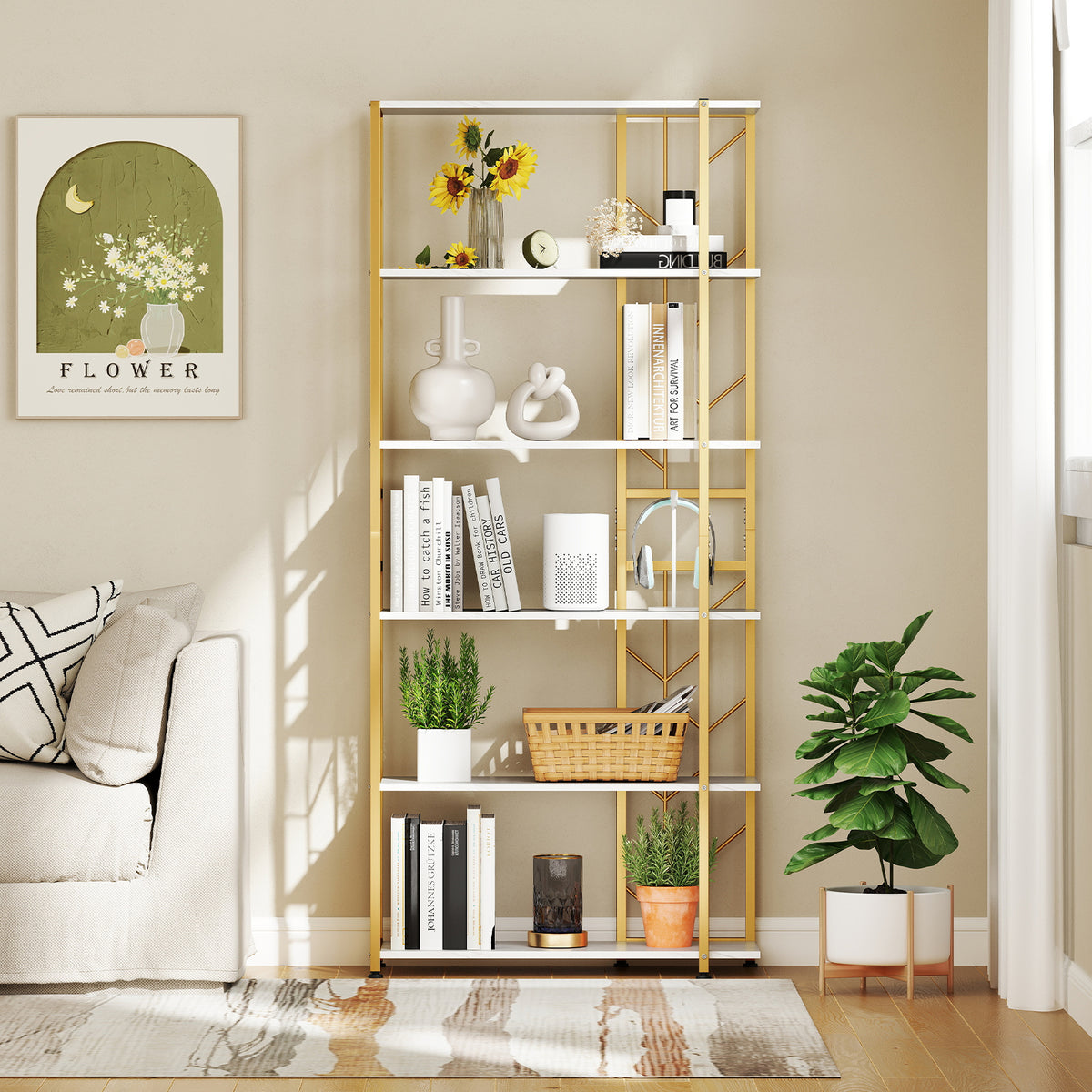 6-Tier Bookshelf Modern Geometric Bookcase with Heavy-duty Metal Frame and Anti-tipping Kits-White-Bookcases-DECOROLALA