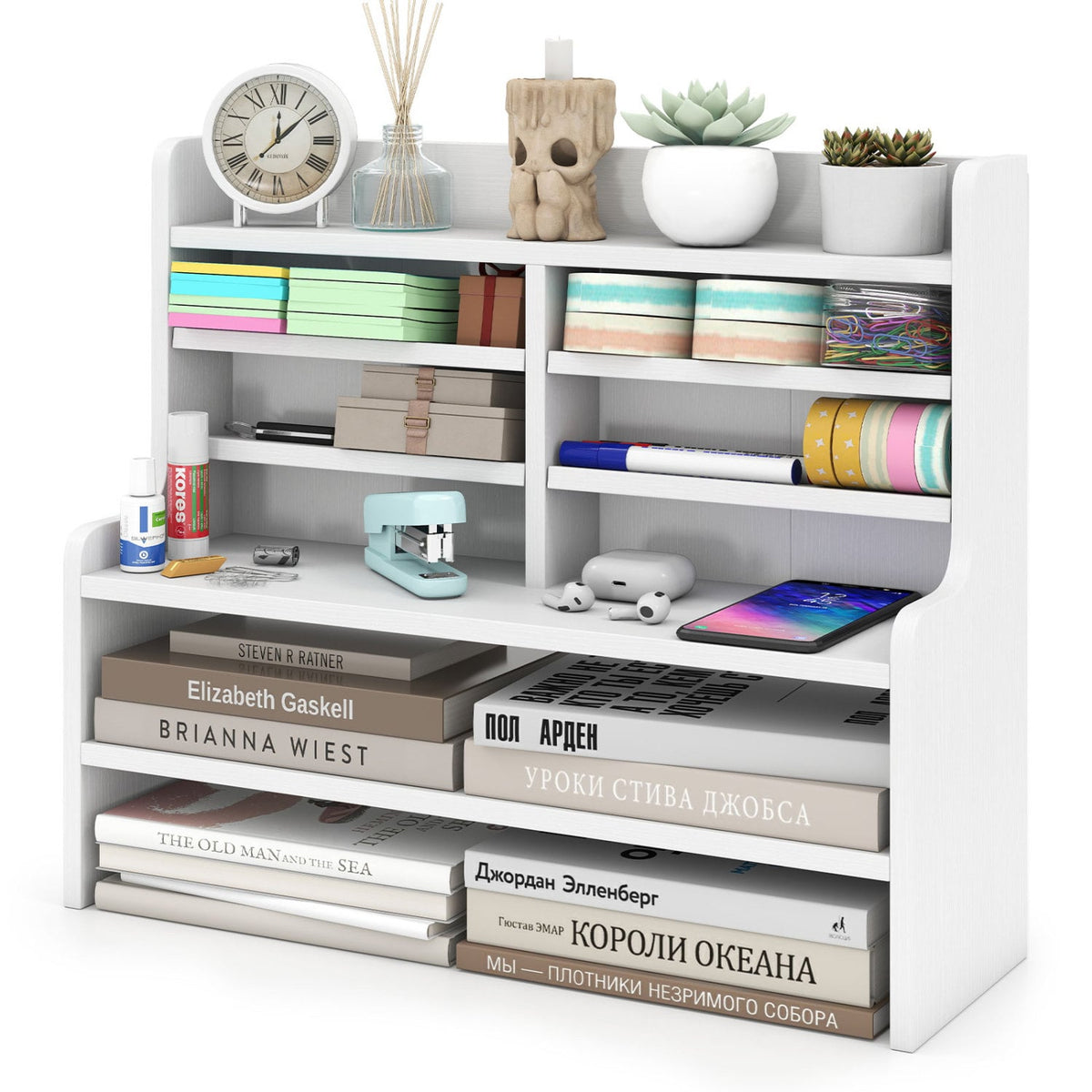 6-Tier Compact Storage Rack with 4 Removable Shelves for Small Spaces Home Office-White-Bookcases-DECOROLALA