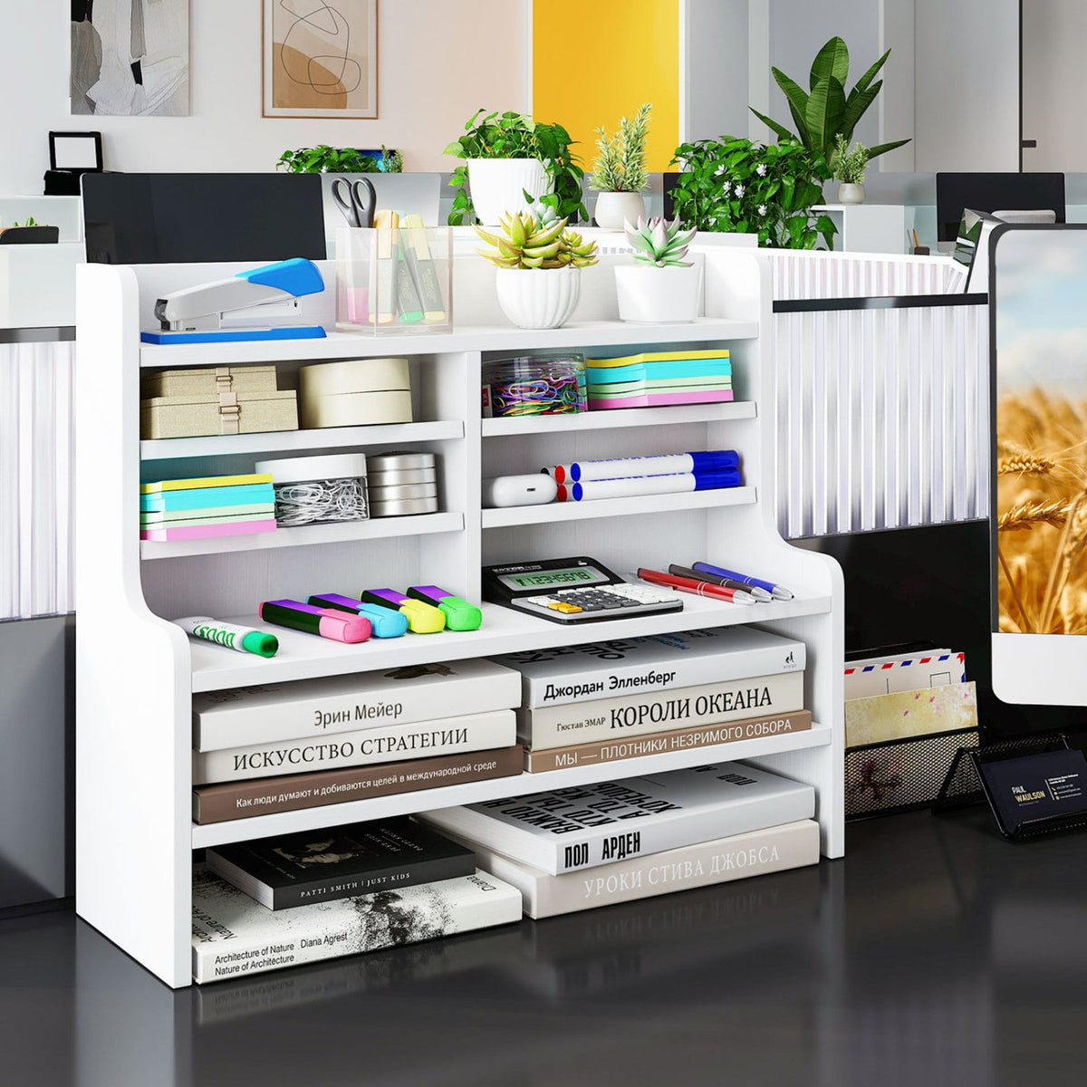 6-Tier Compact Storage Rack with 4 Removable Shelves for Small Spaces Home Office-White-Bookcases-DECOROLALA