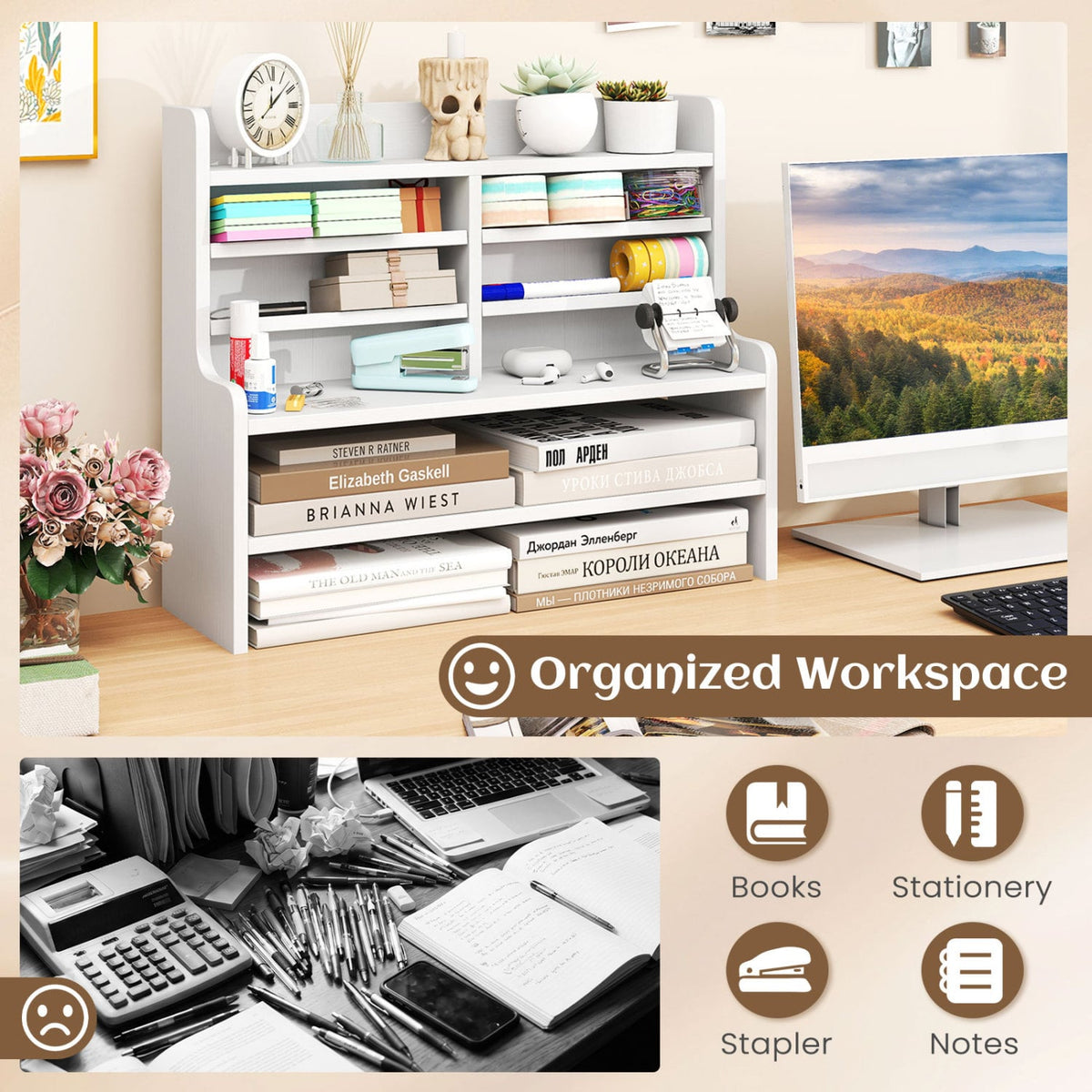 6-Tier Compact Storage Rack with 4 Removable Shelves for Small Spaces Home Office-White-Bookcases-DECOROLALA