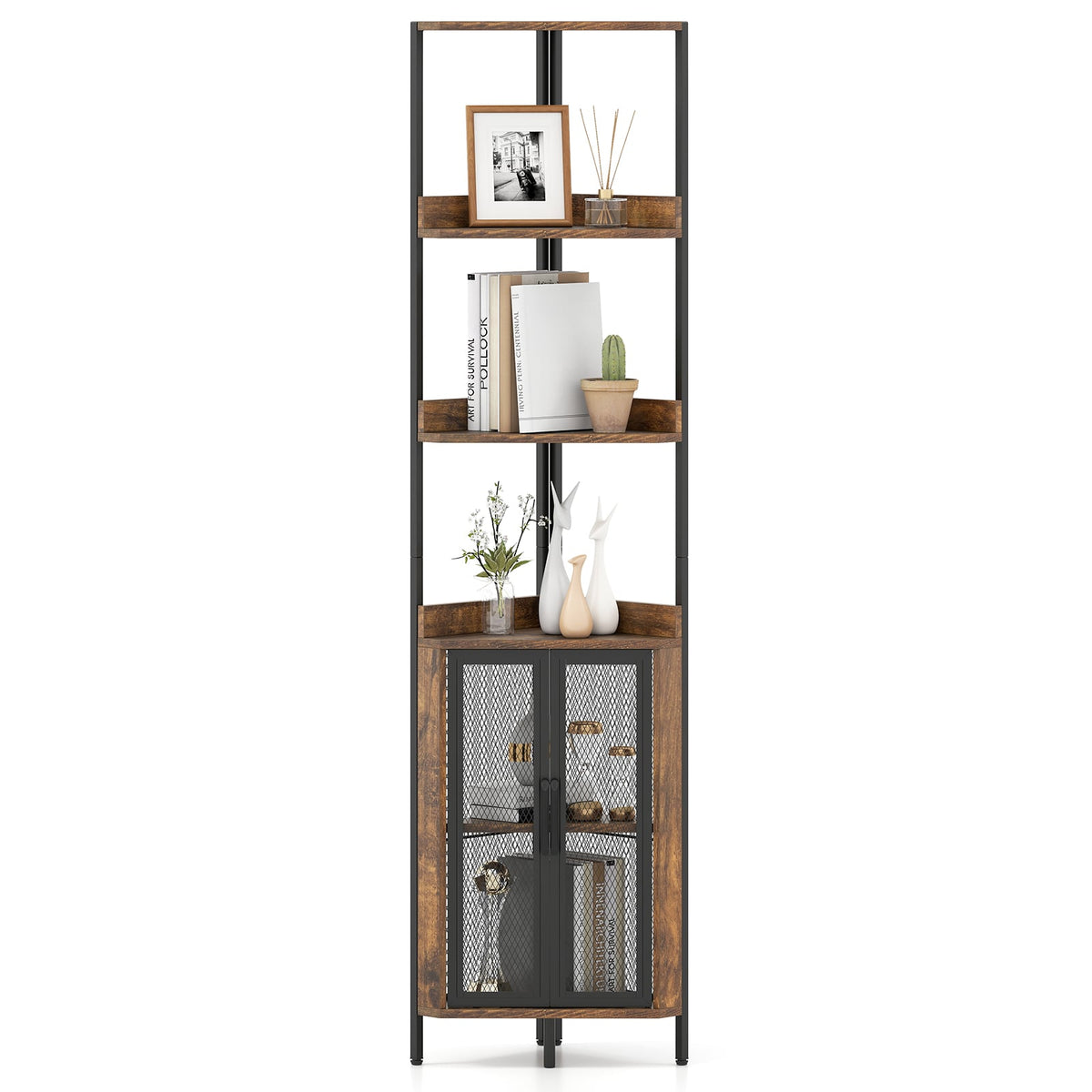 6-Tier Corner Shelf 67 Inches Tall Corner Bookshelf with Cabinet Industrial Bookcase-Brown-Bookcases-DECOROLALA