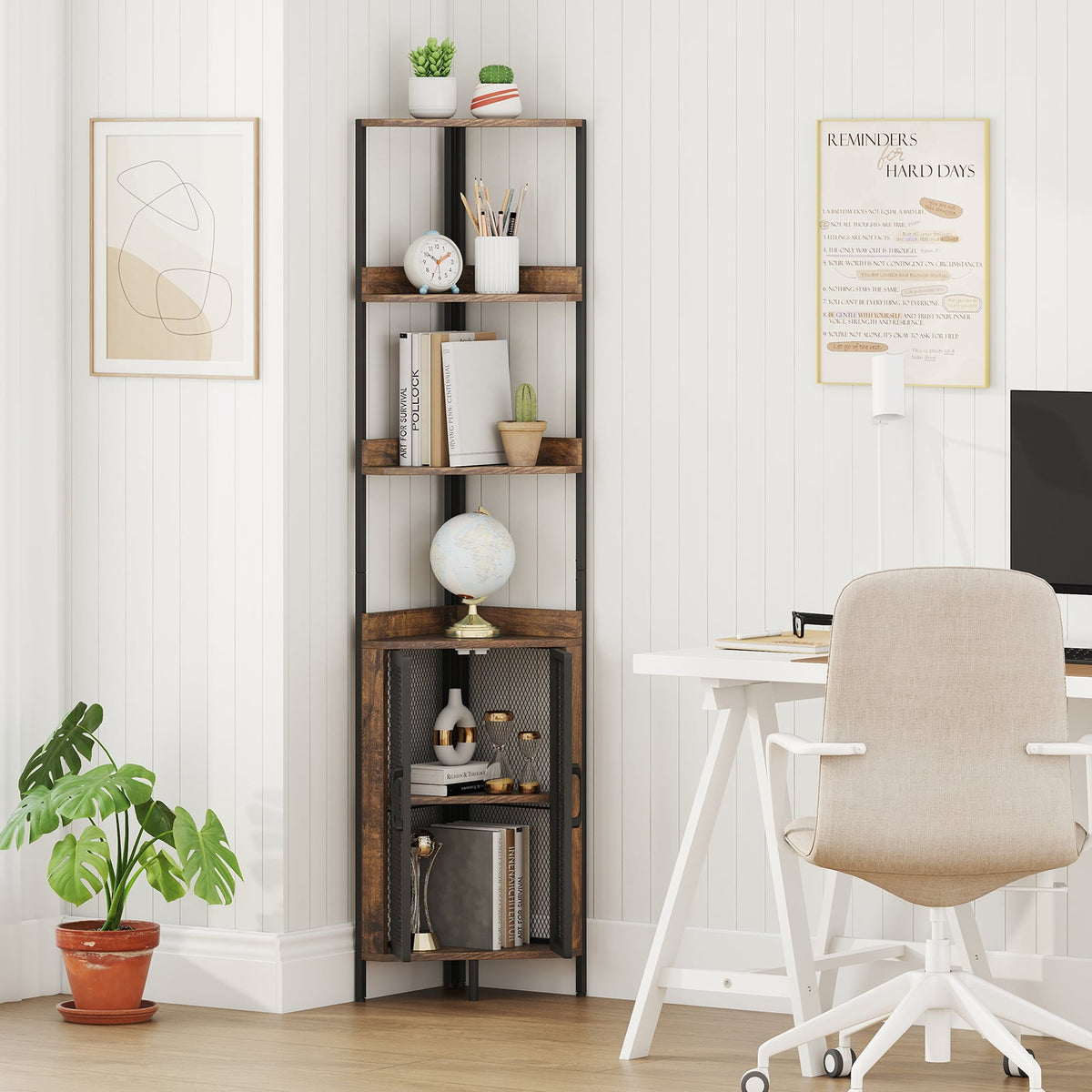 6-Tier Corner Shelf 67 Inches Tall Corner Bookshelf with Cabinet Industrial Bookcase-Brown-Bookcases-DECOROLALA