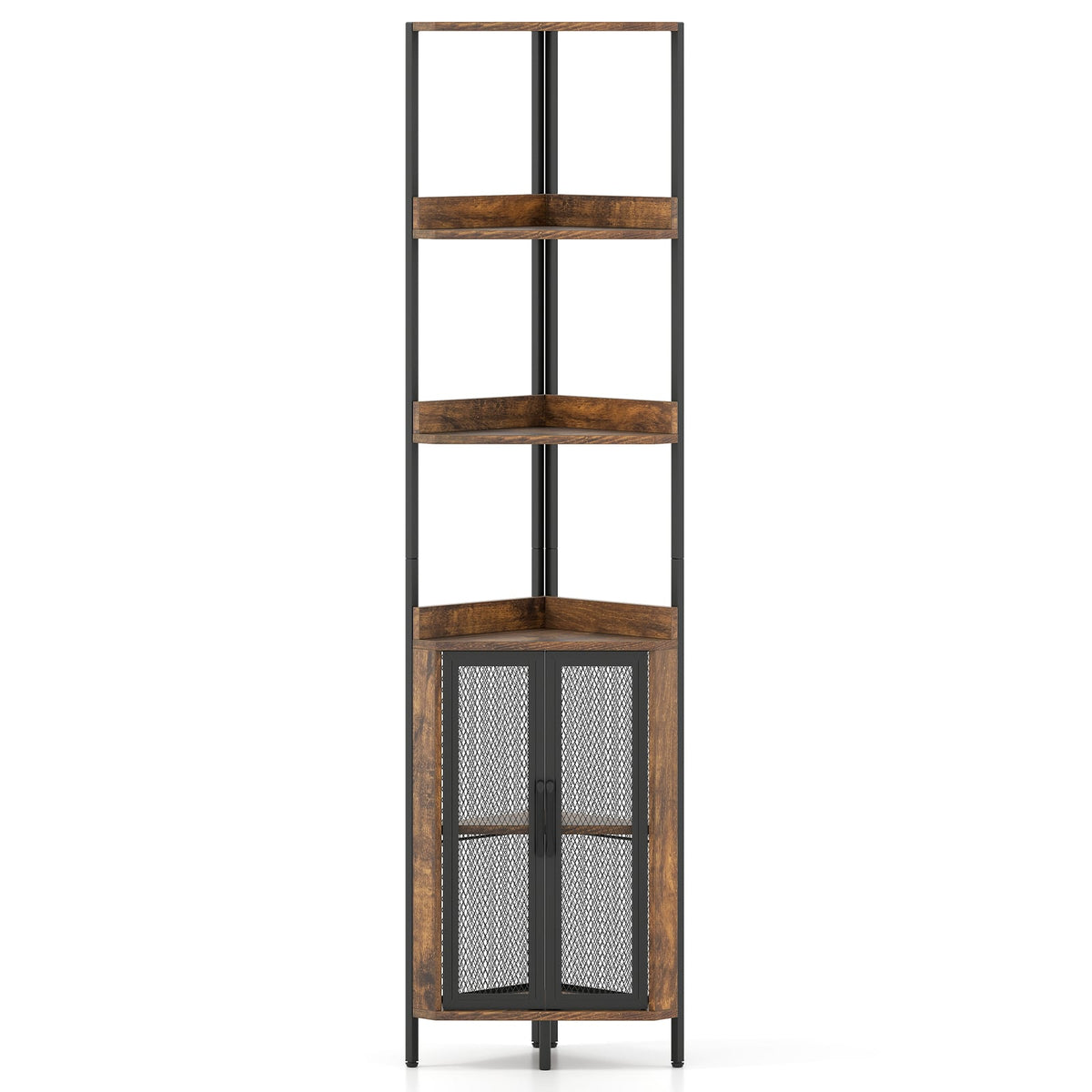 6-Tier Corner Shelf 67 Inches Tall Corner Bookshelf with Cabinet Industrial Bookcase-Brown-Bookcases-DECOROLALA