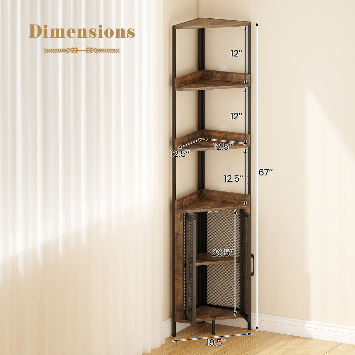 6-Tier Corner Shelf 67 Inches Tall Corner Bookshelf with Cabinet Industrial Bookcase-Brown-Bookcases-DECOROLALA