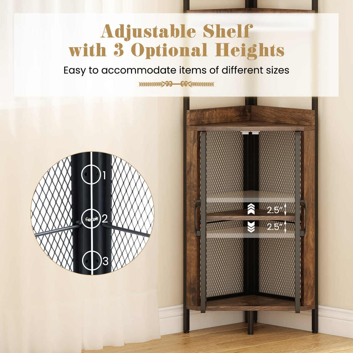 6-Tier Corner Shelf 67 Inches Tall Corner Bookshelf with Cabinet Industrial Bookcase-Brown-Bookcases-DECOROLALA