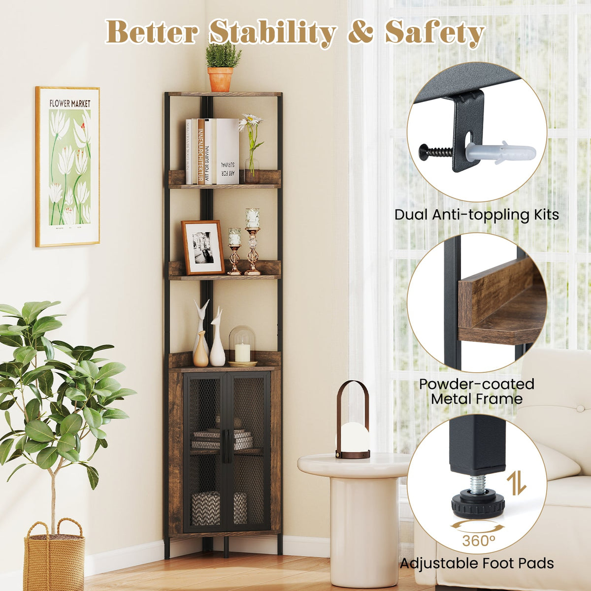 6-Tier Corner Shelf 67 Inches Tall Corner Bookshelf with Cabinet Industrial Bookcase-Brown-Bookcases-DECOROLALA
