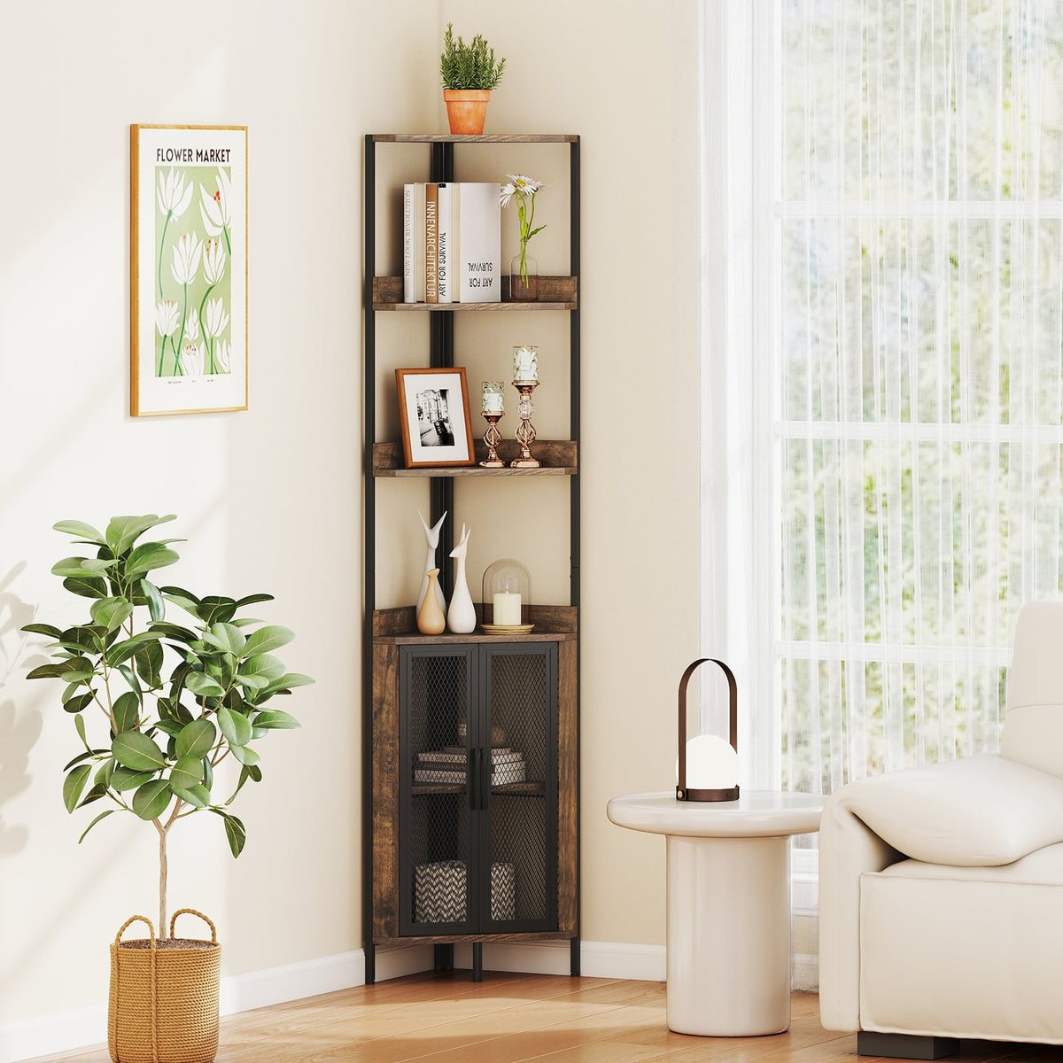 6-Tier Corner Shelf 67 Inches Tall Corner Bookshelf with Cabinet Industrial Bookcase-Brown-Bookcases-DECOROLALA