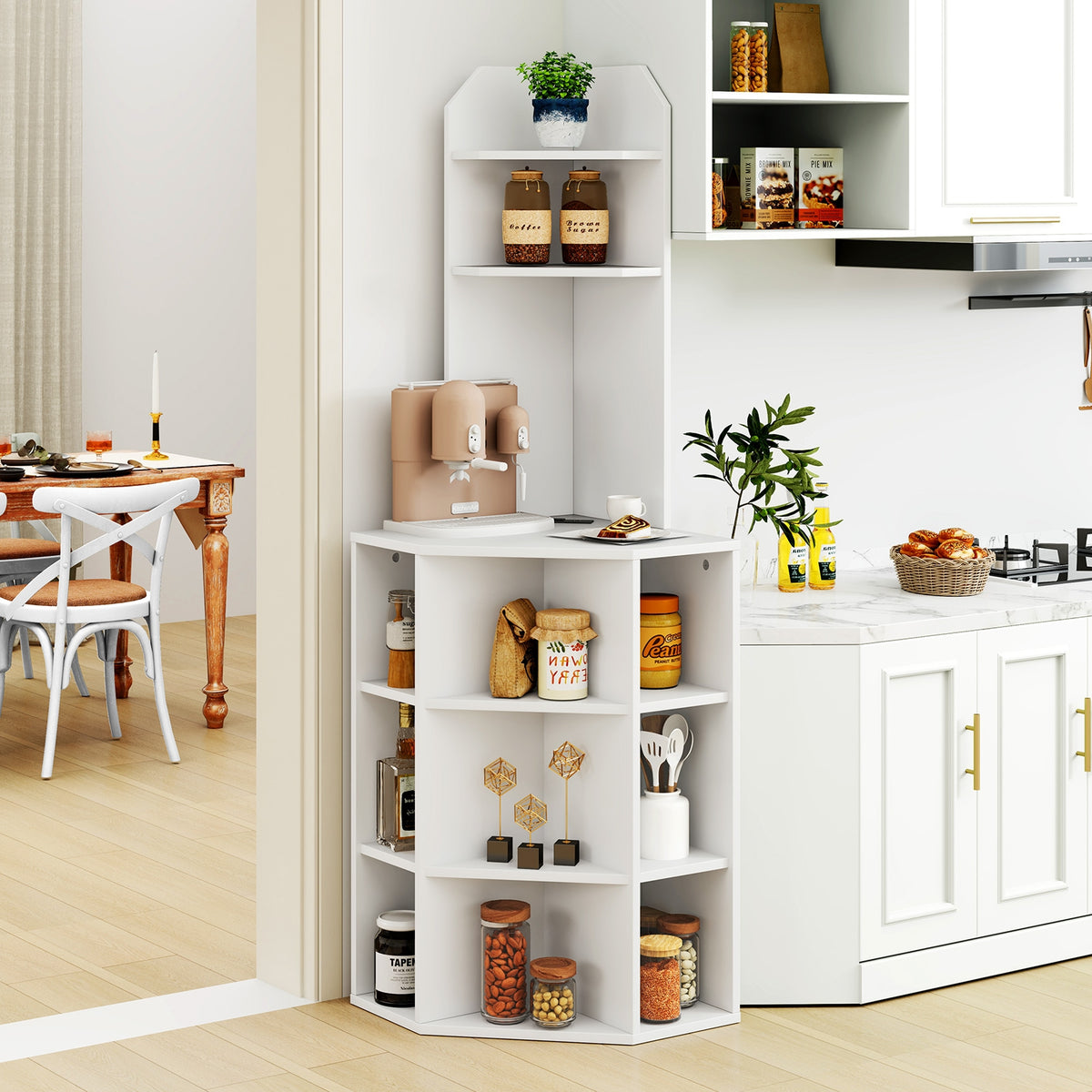 6-Tier Corner Shelf with Charging Station and 2 USB Ports-White-Bookcases-DECOROLALA