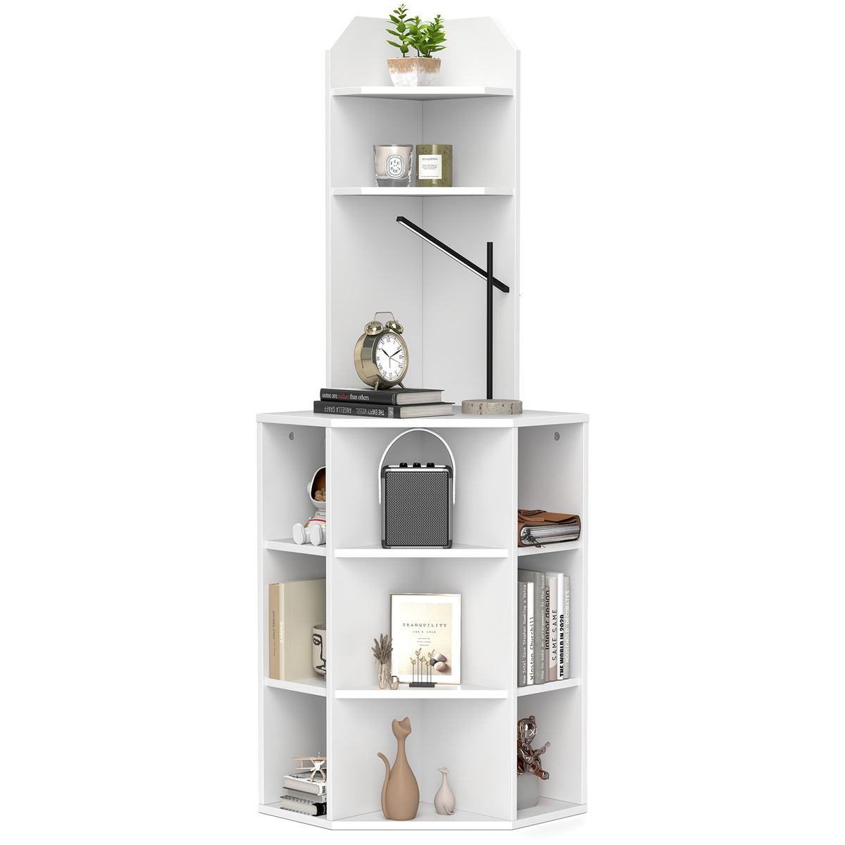 6-Tier Corner Shelf with Charging Station and 2 USB Ports-White-Bookcases-DECOROLALA