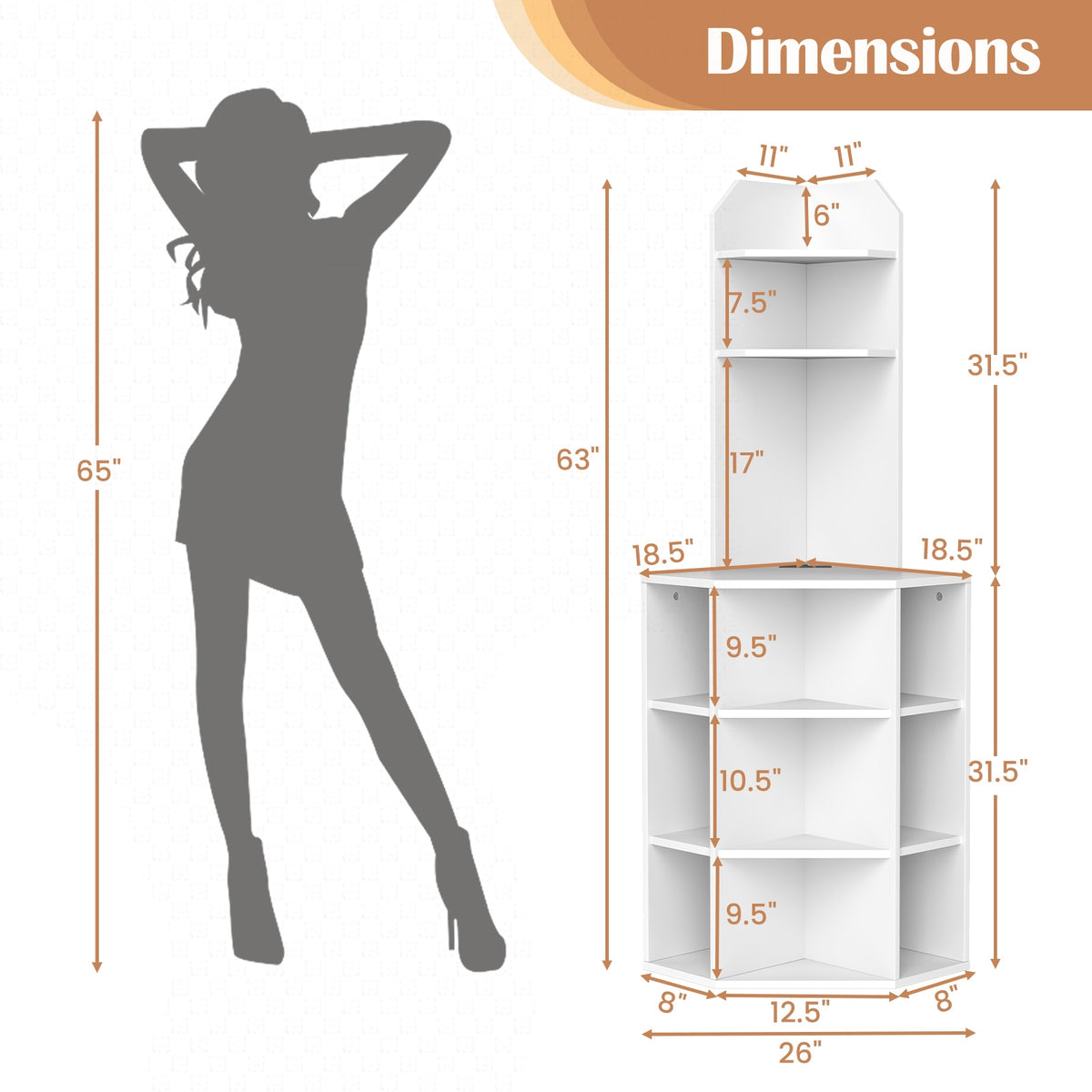 6-Tier Corner Shelf with Charging Station and 2 USB Ports-White-Bookcases-DECOROLALA