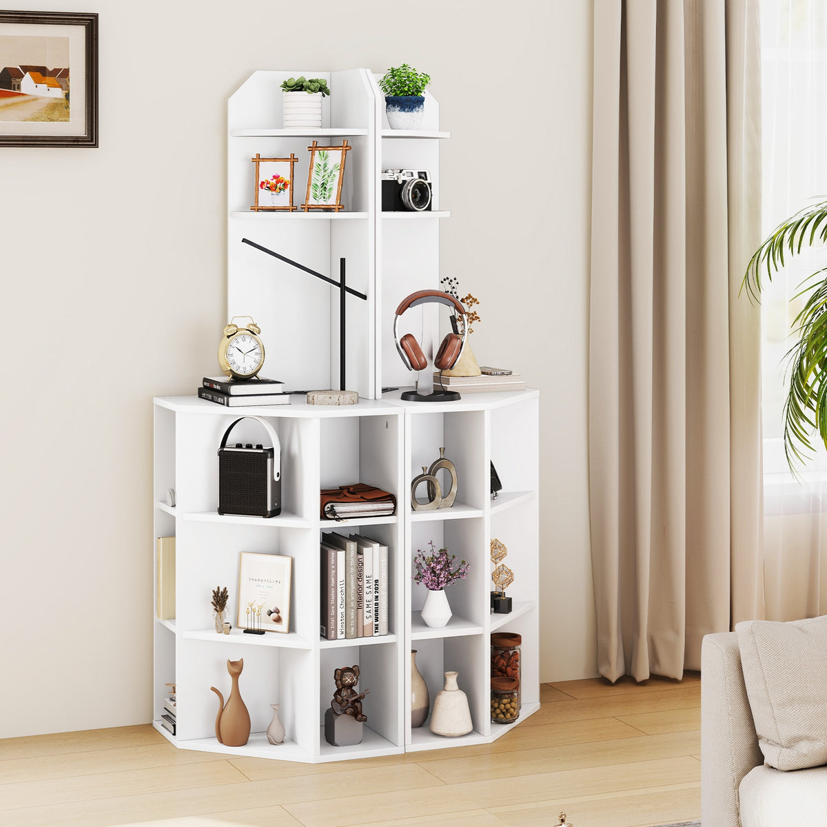 6-Tier Corner Shelf with Charging Station and 2 USB Ports-White-Bookcases-DECOROLALA
