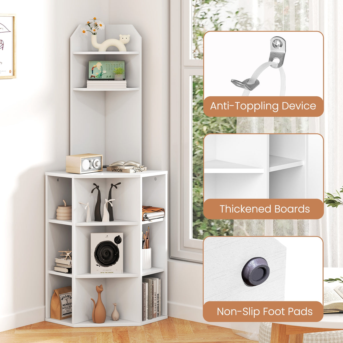 6-Tier Corner Shelf with Charging Station and 2 USB Ports-White-Bookcases-DECOROLALA