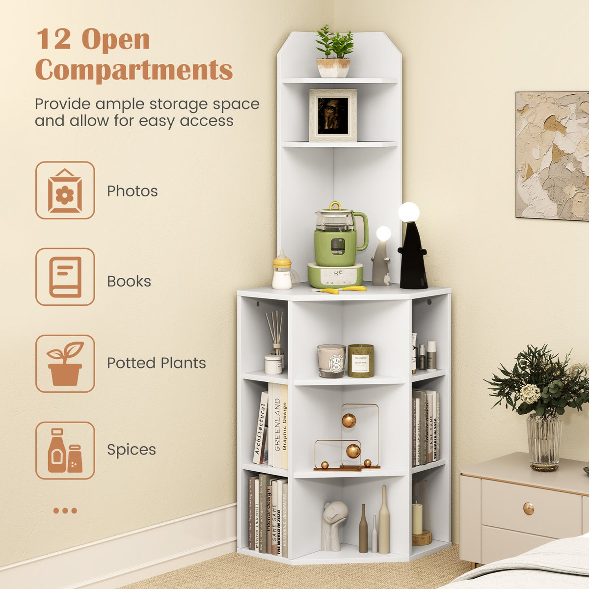 6-Tier Corner Shelf with Charging Station and 2 USB Ports-White-Bookcases-DECOROLALA