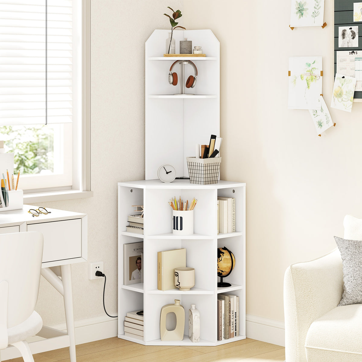 6-Tier Corner Shelf with Charging Station and 2 USB Ports-White-Bookcases-DECOROLALA