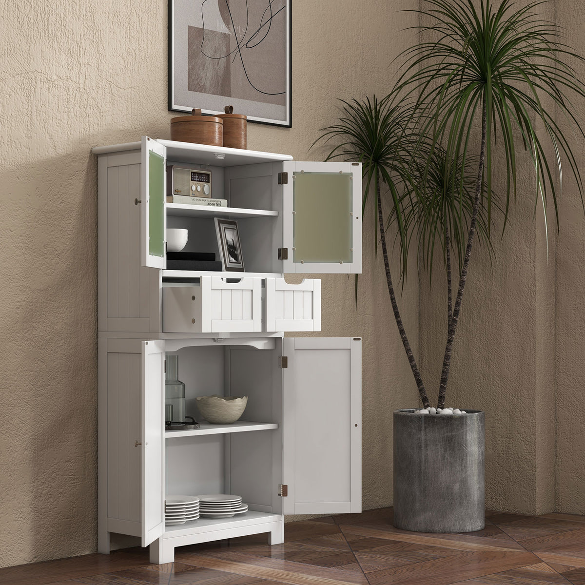 6-Tier Freestanding Bathroom Cabinet - White 64" Tall Storage-Floor Cabinets-DECOROLALA