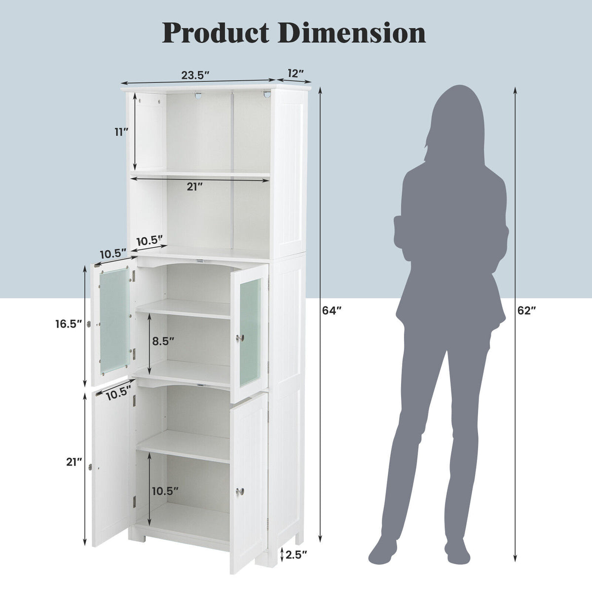 6-Tier Freestanding Bathroom Cabinet - White 64" Tall Storage-Floor Cabinets-DECOROLALA