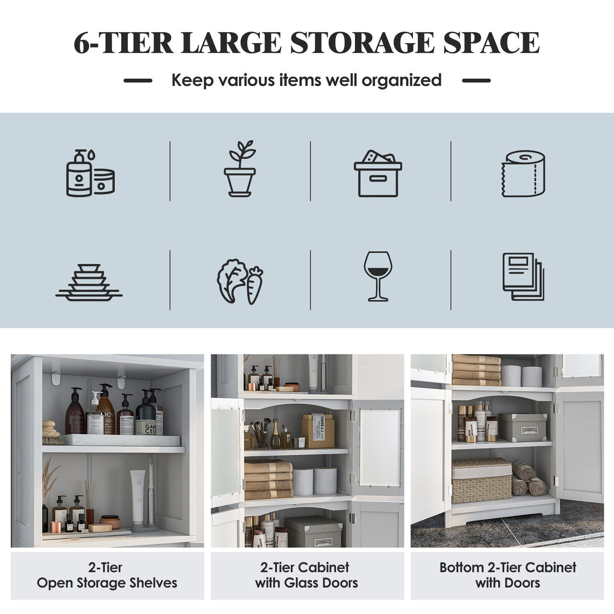 6-Tier Freestanding Bathroom Cabinet - White 64" Tall Storage-Floor Cabinets-DECOROLALA