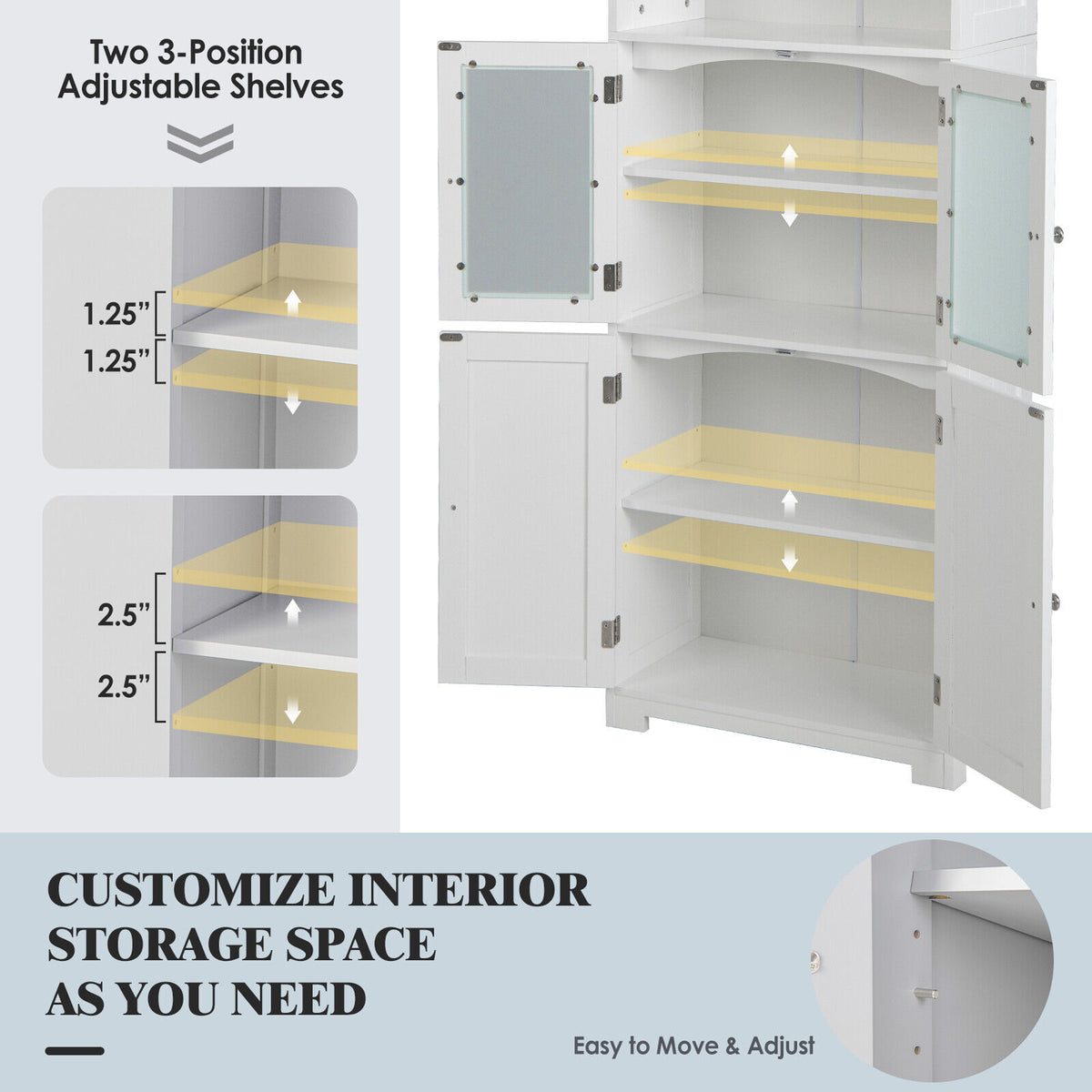 6-Tier Freestanding Bathroom Cabinet - White 64" Tall Storage-Floor Cabinets-DECOROLALA