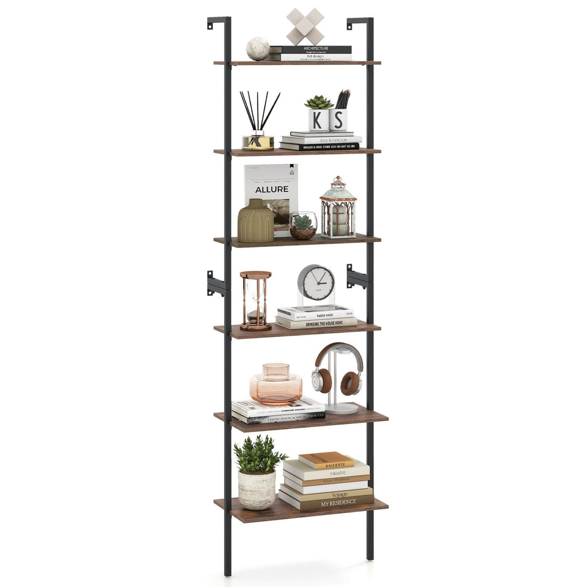 6-Tier Freestanding ladder Storage bookshelf with Metal Frame for Study and Pantry-Rustic Brown-Bookcases-DECOROLALA