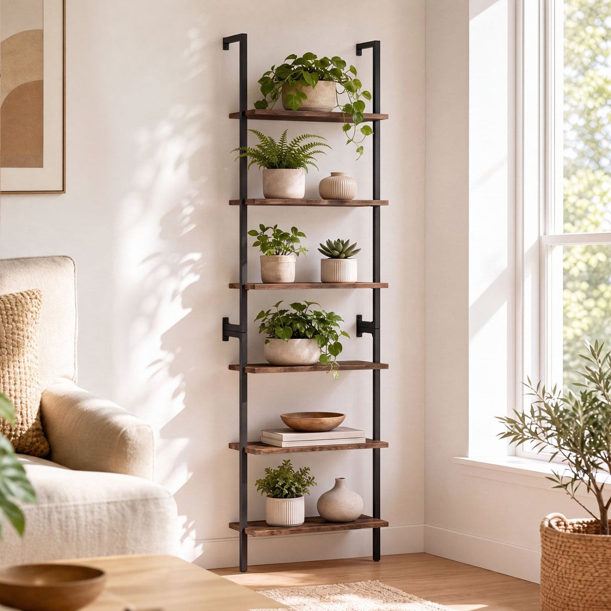 6-Tier Freestanding ladder Storage bookshelf with Metal Frame for Study and Pantry-Rustic Brown-Bookcases-DECOROLALA