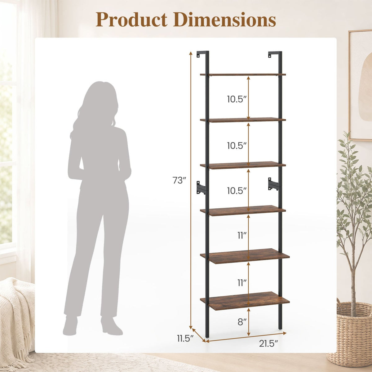 6-Tier Freestanding ladder Storage bookshelf with Metal Frame for Study and Pantry-Rustic Brown-Bookcases-DECOROLALA