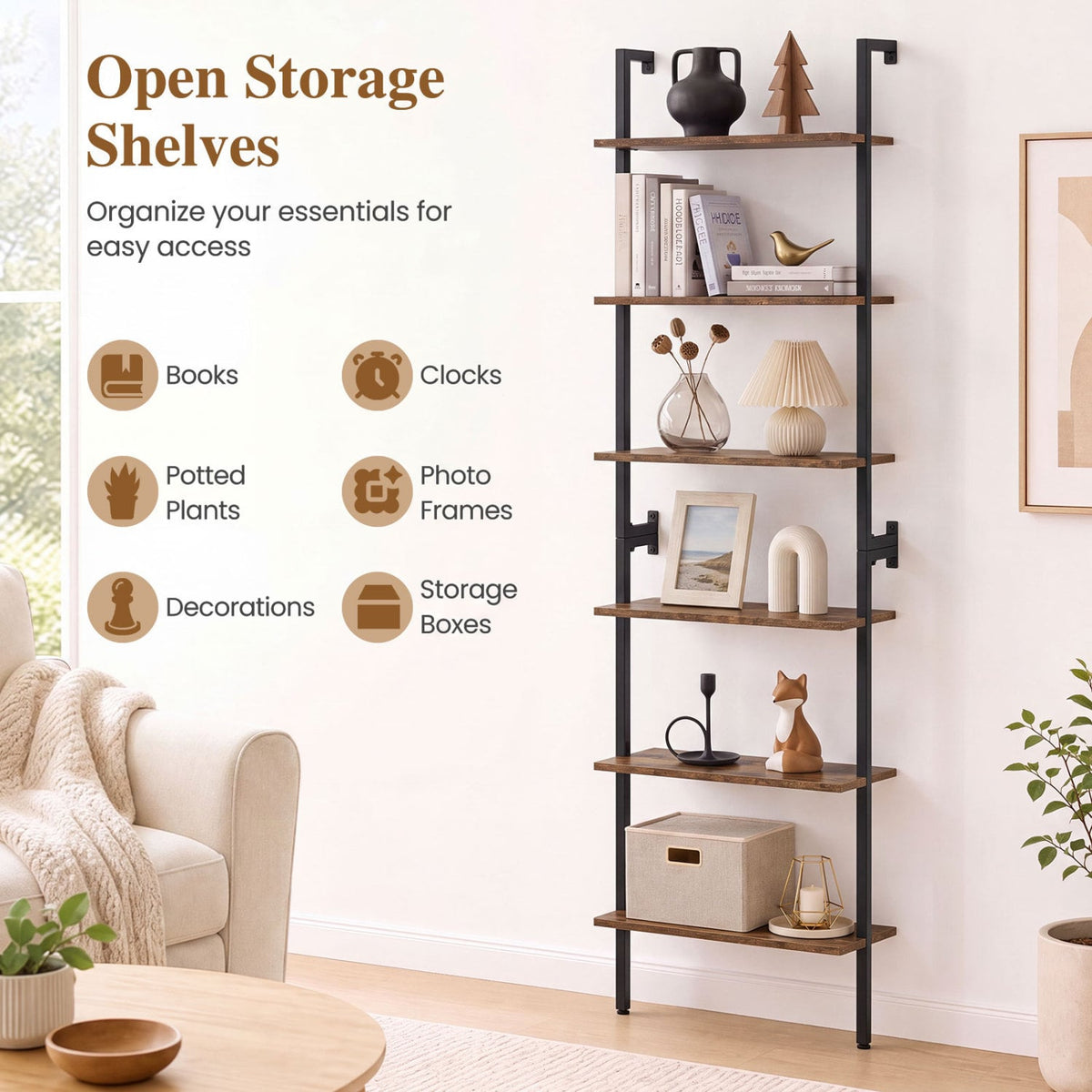 6-Tier Freestanding ladder Storage bookshelf with Metal Frame for Study and Pantry-Rustic Brown-Bookcases-DECOROLALA