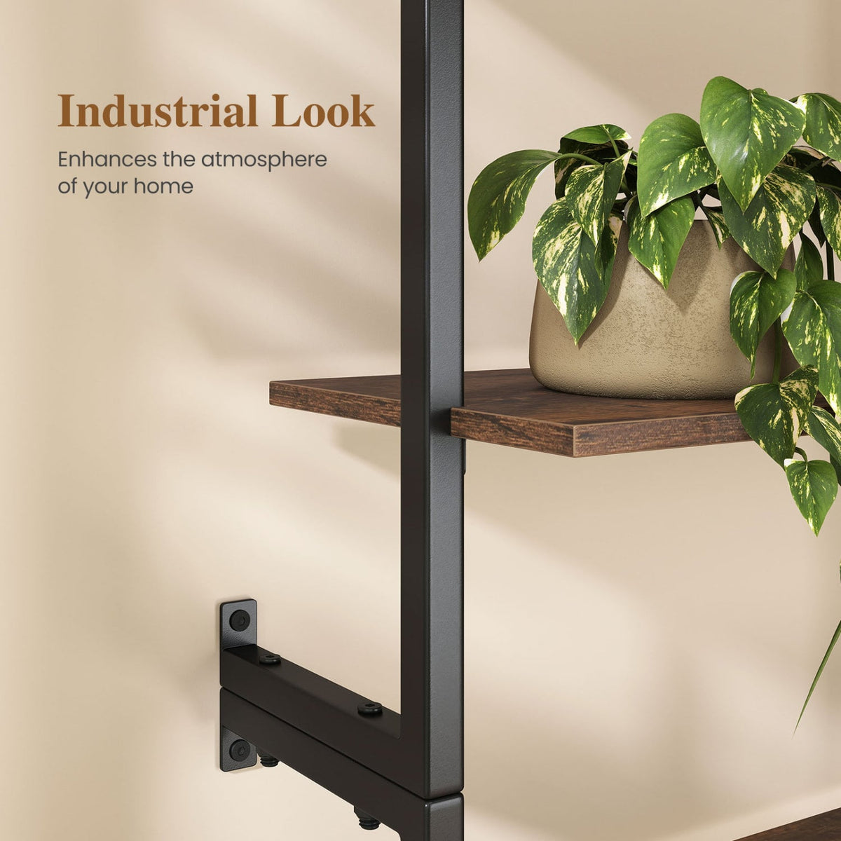 6-Tier Freestanding ladder Storage bookshelf with Metal Frame for Study and Pantry-Rustic Brown-Bookcases-DECOROLALA