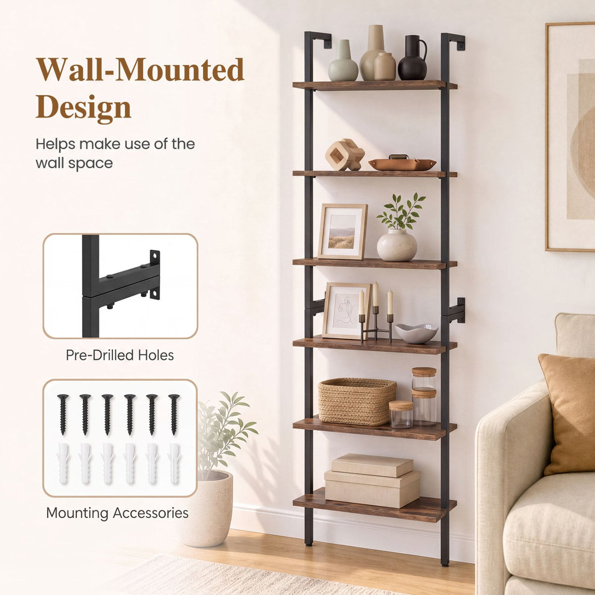 6-Tier Freestanding ladder Storage bookshelf with Metal Frame for Study and Pantry-Rustic Brown-Bookcases-DECOROLALA