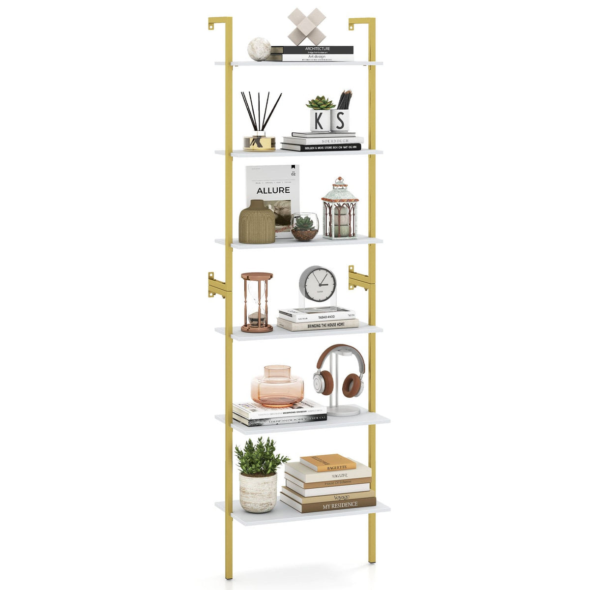 6-Tier Freestanding ladder Storage bookshelf with Metal Frame for Study and Pantry-White-Bookcases-DECOROLALA