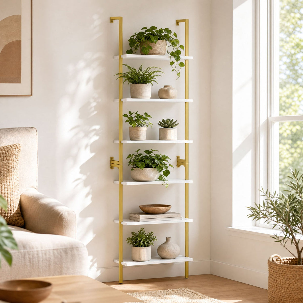 6-Tier Freestanding ladder Storage bookshelf with Metal Frame for Study and Pantry-White-Bookcases-DECOROLALA
