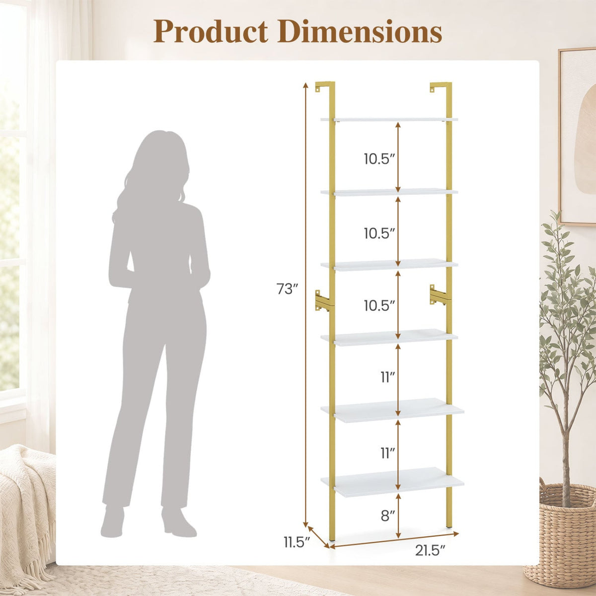 6-Tier Freestanding ladder Storage bookshelf with Metal Frame for Study and Pantry-White-Bookcases-DECOROLALA