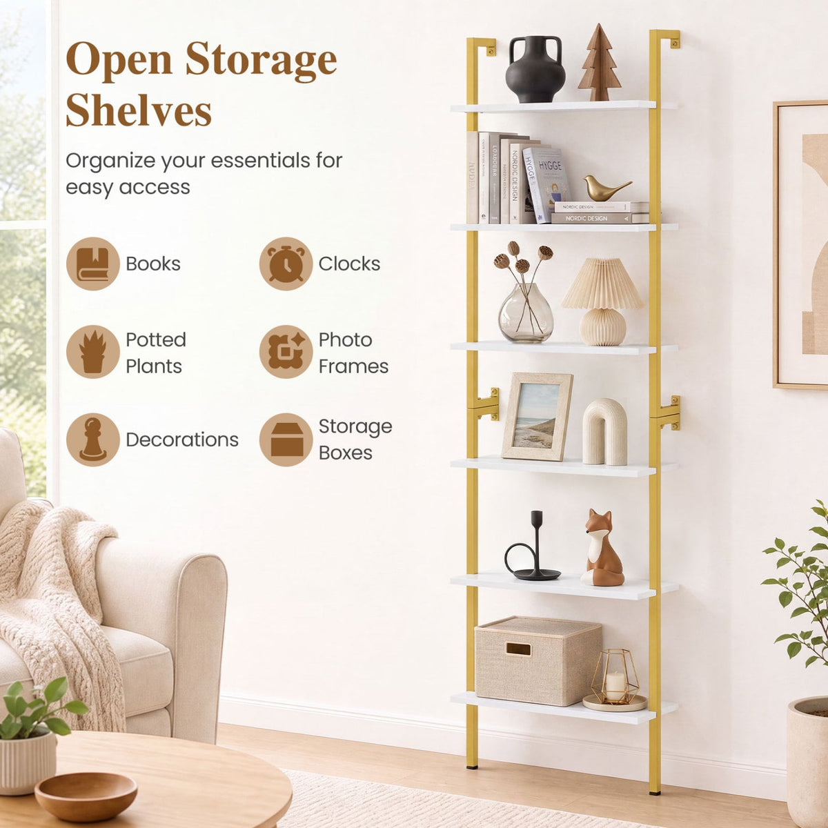 6-Tier Freestanding ladder Storage bookshelf with Metal Frame for Study and Pantry-White-Bookcases-DECOROLALA