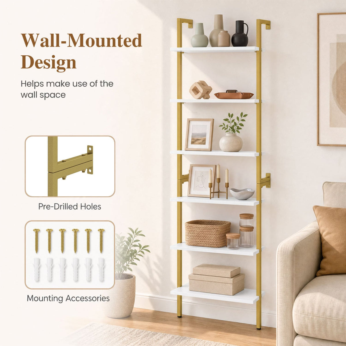 6-Tier Freestanding ladder Storage bookshelf with Metal Frame for Study and Pantry-White-Bookcases-DECOROLALA