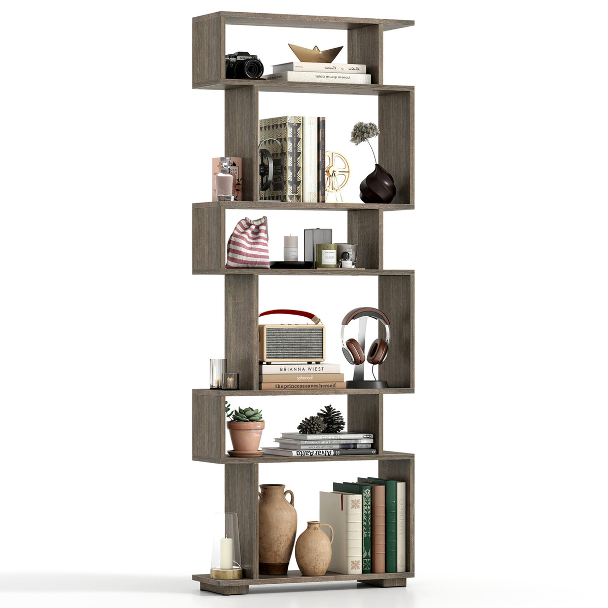 6-Tier Geometric Bookshelf with 2 Anti-Tipping Kits for Home Office-Oak-Bookcases-DECOROLALA