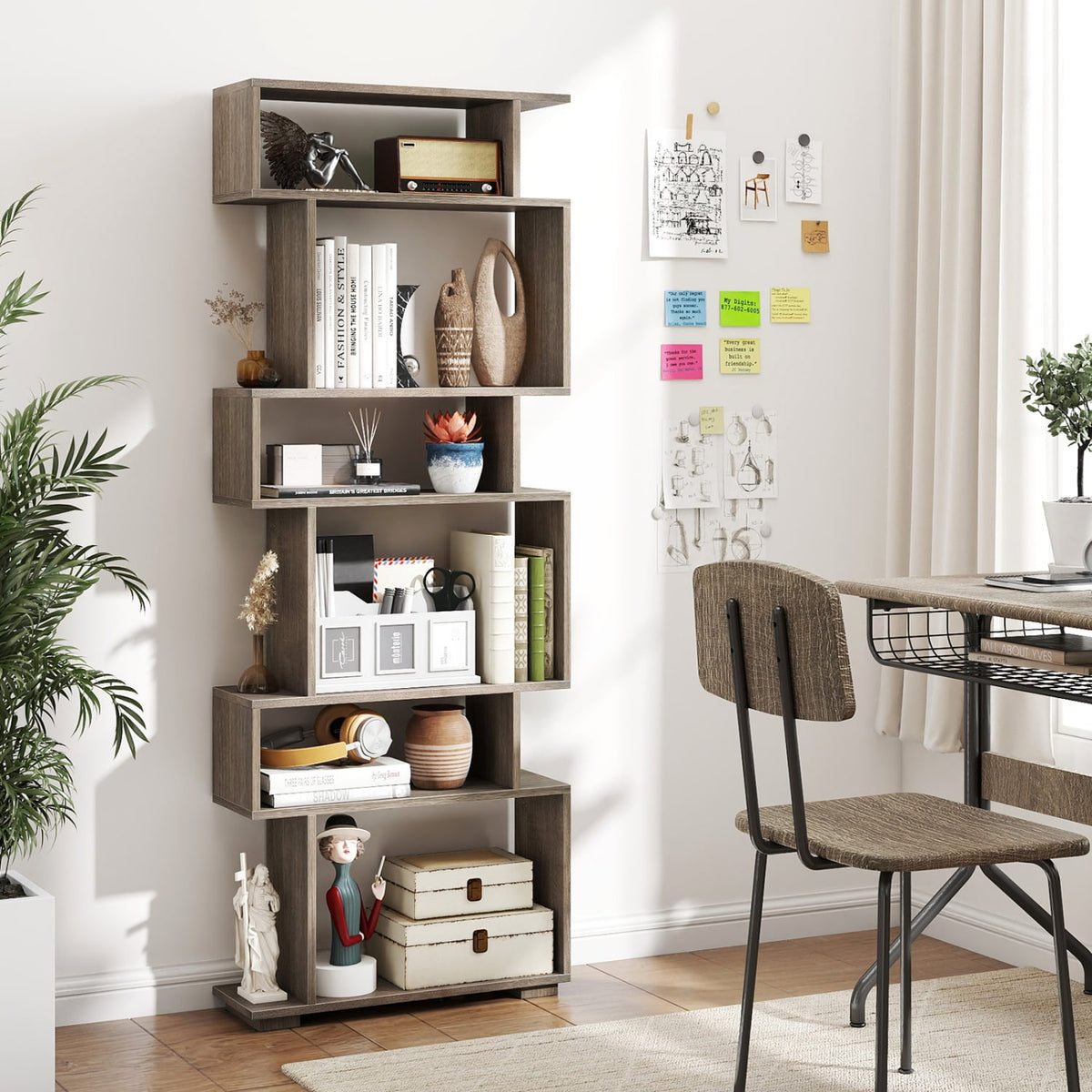 6-Tier Geometric Bookshelf with 2 Anti-Tipping Kits for Home Office-Oak-Bookcases-DECOROLALA