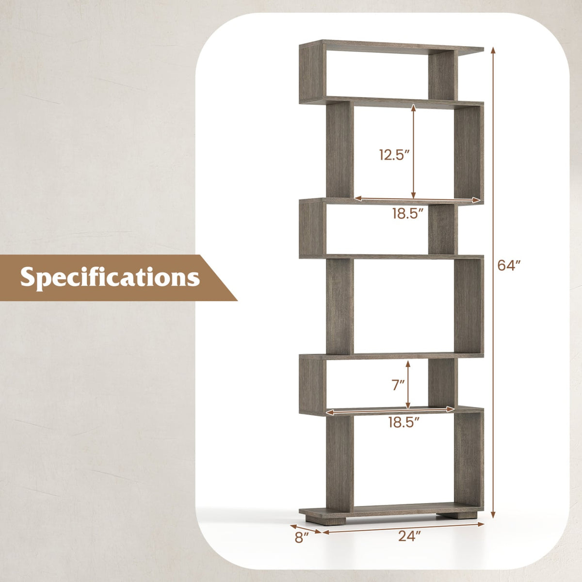 6-Tier Geometric Bookshelf with 2 Anti-Tipping Kits for Home Office-Oak-Bookcases-DECOROLALA