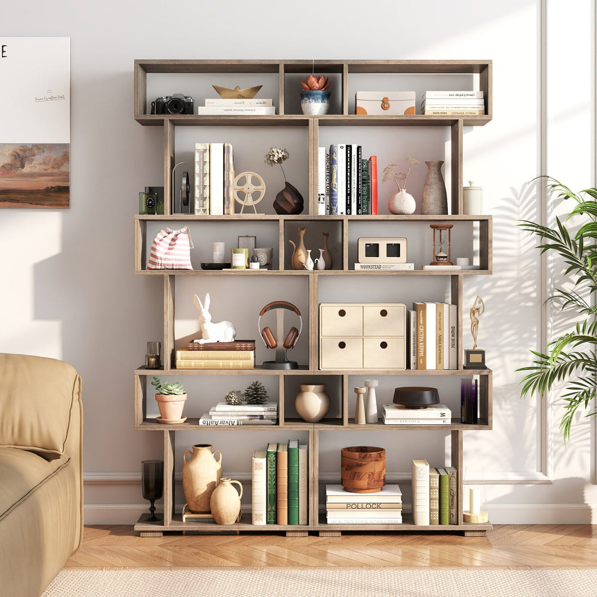 6-Tier Geometric Bookshelf with 2 Anti-Tipping Kits for Home Office-Oak-Bookcases-DECOROLALA