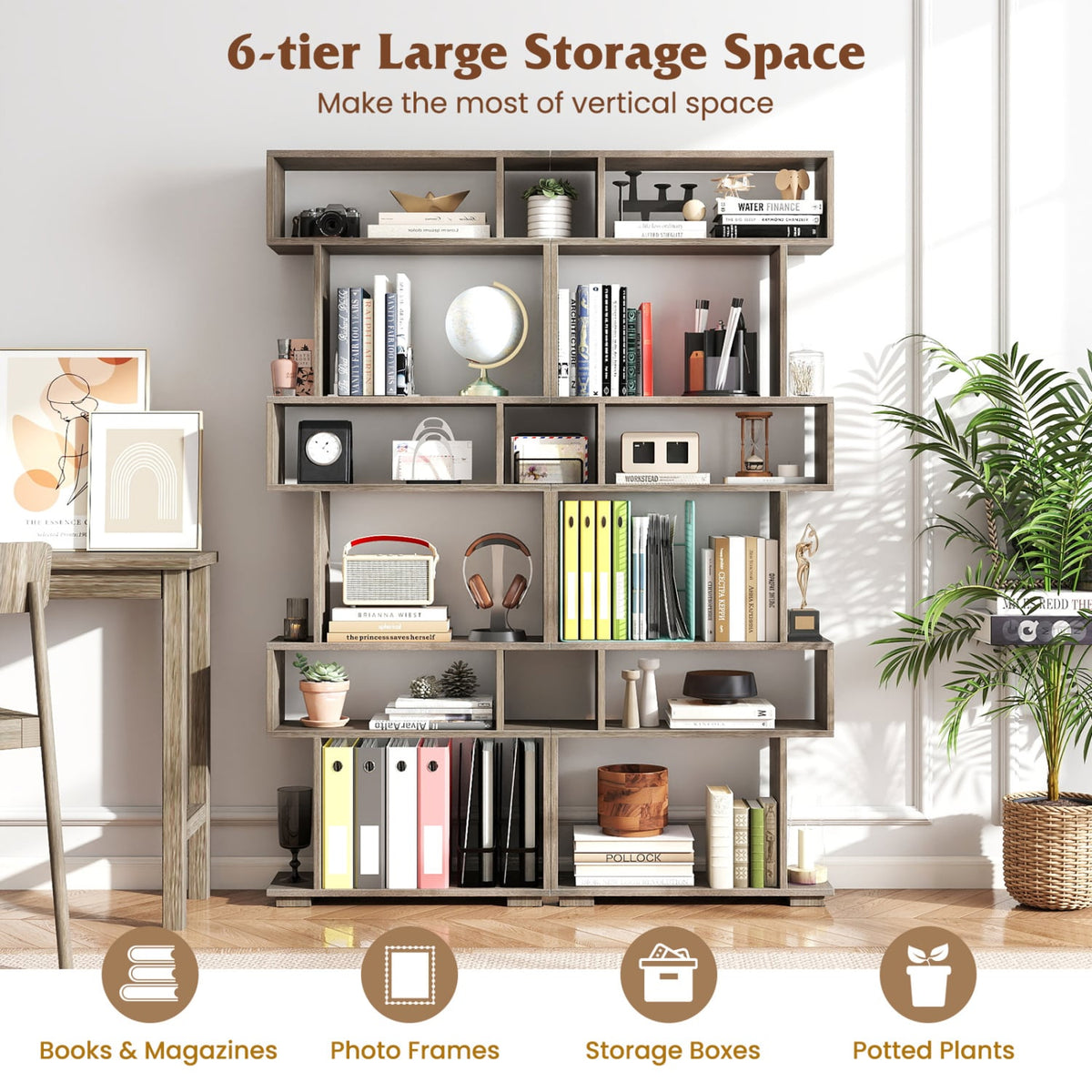 6-Tier Geometric Bookshelf with 2 Anti-Tipping Kits for Home Office-Oak-Bookcases-DECOROLALA