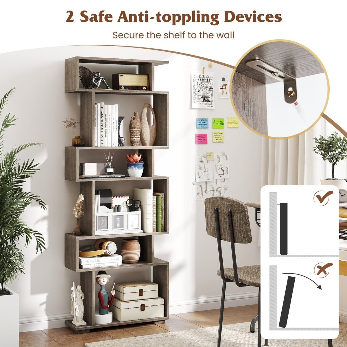 6-Tier Geometric Bookshelf with 2 Anti-Tipping Kits for Home Office-Oak-Bookcases-DECOROLALA