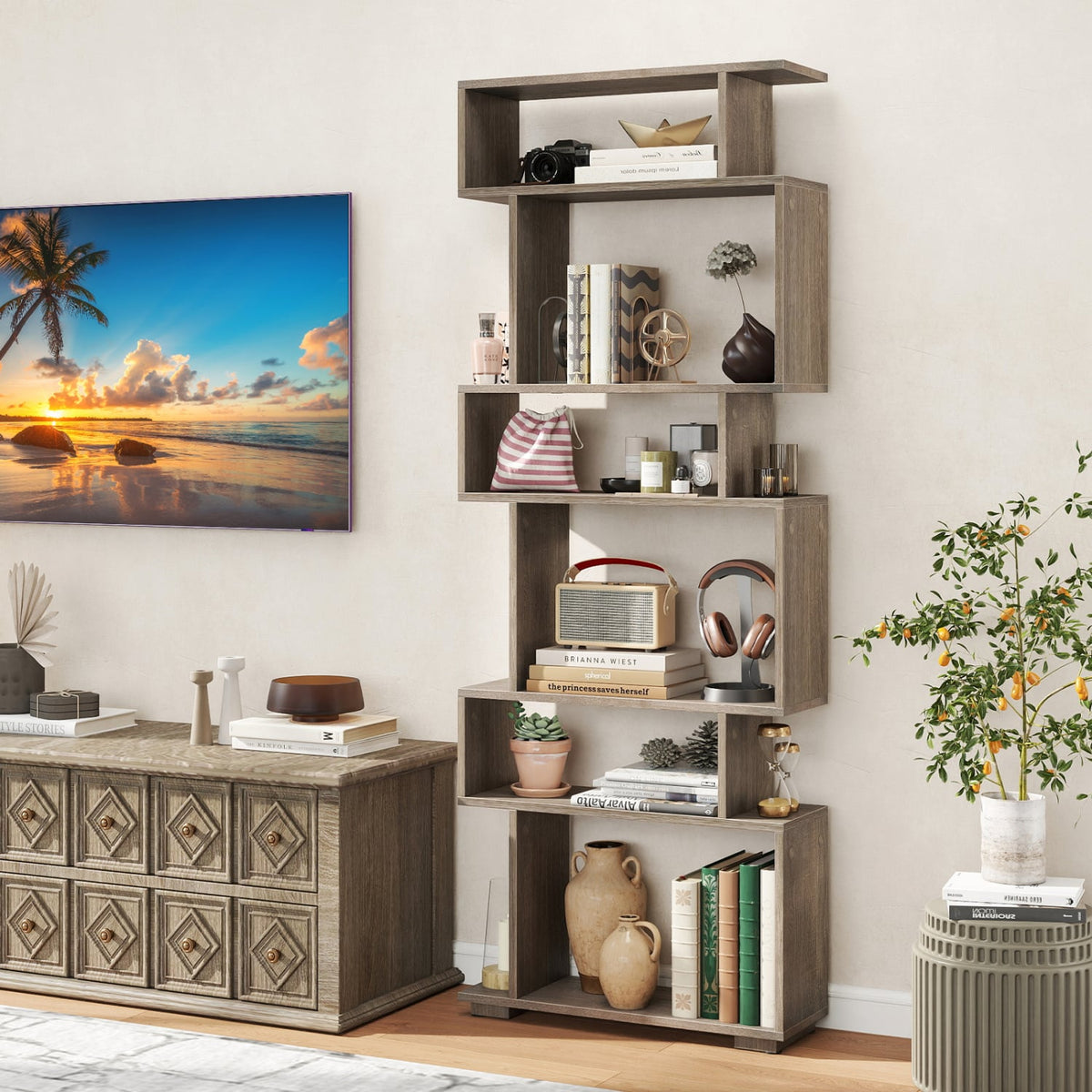 6-Tier Geometric Bookshelf with 2 Anti-Tipping Kits for Home Office-Oak-Bookcases-DECOROLALA