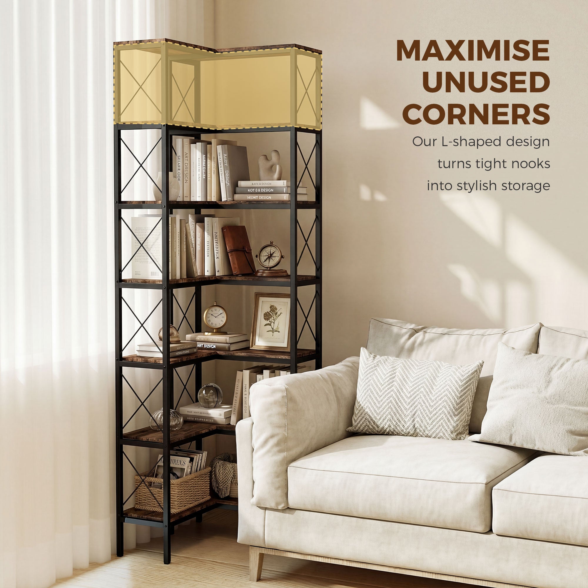6-Tier L-Shaped Bookshelf, Freestanding Corner Bookcase with Metal Frame, Rustic Brown-Home Furnishings > Storage & Organization > Bookshelves & Bookcases > Display Bookshelves-DECOROLALA